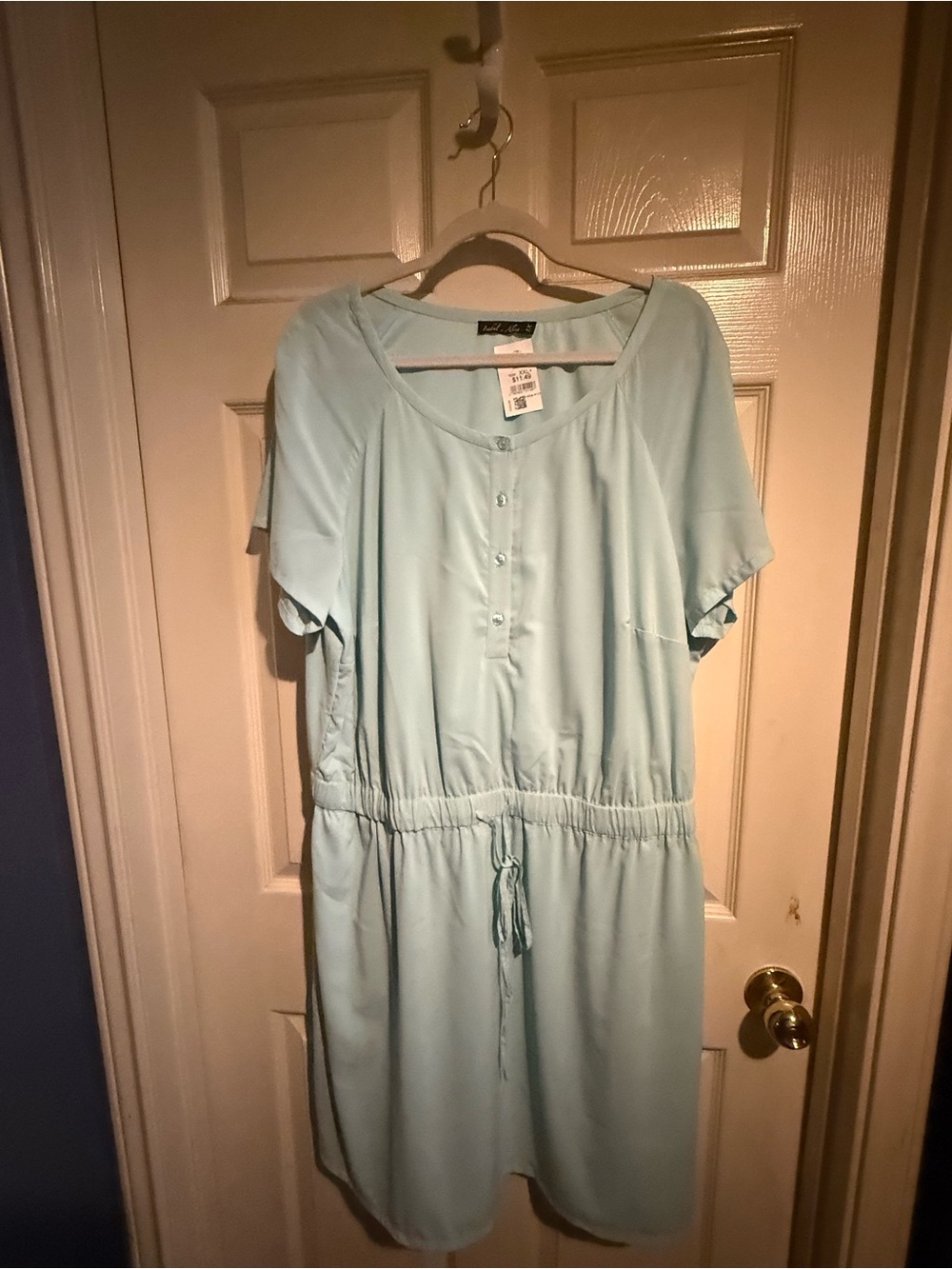 Light Blue Drawstring Waist Button Front Dress